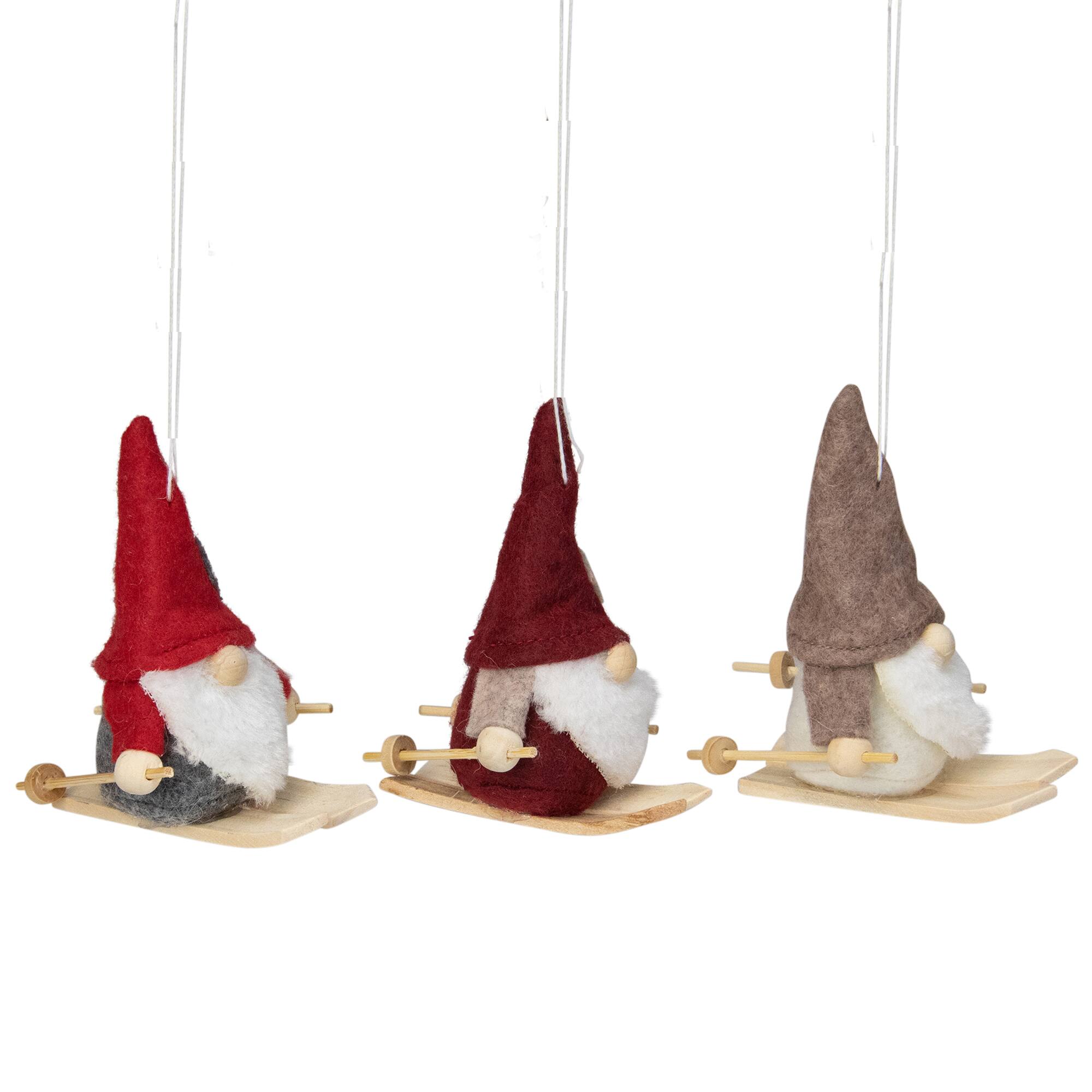 4" Red & Gray Skiing Gnome Christmas Ornament Set